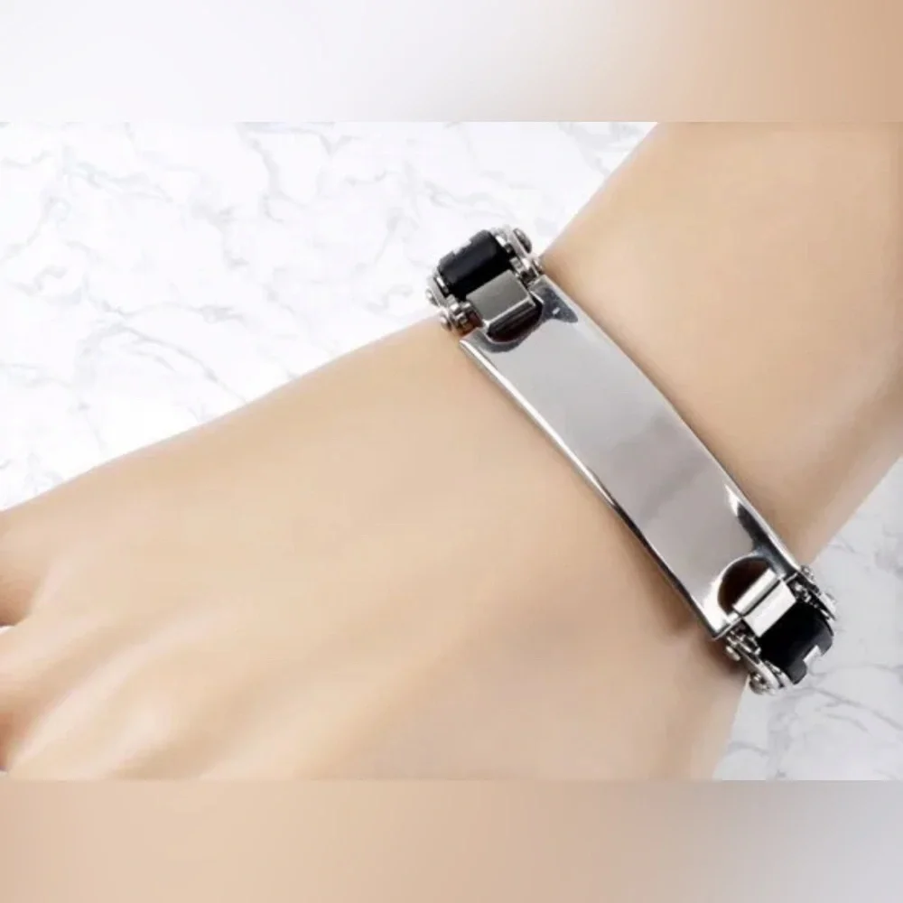 Men’s Sterling Silver Bike Link Chain Bracelet With Customizable Nameplate